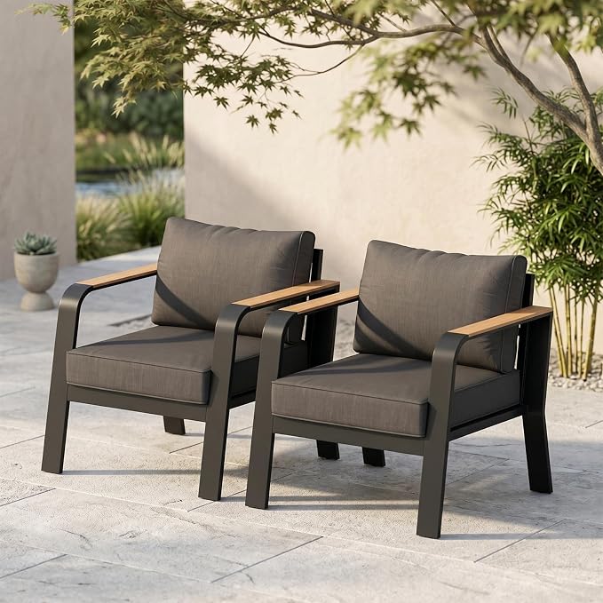 Garvee Aluminum Outdoor Patio Furniture 2 Pcs Single Cushioned Sofa Armchair All-Weather Metal Outside Furniture with Washable Thick Cushion Outdoor Sofa for Garden Balcony Deck Backyard, Dark Grey