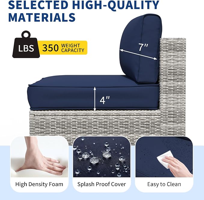 SHGJ&SOFT 4pcs Patio Furniture Set, Outdoor Loveseat Couch, Waterproof Rattan Sofa with Storage,Patio Couch Sets Wicker Furniture for Porch,Balcony (Grey&Blue, 7pcs)