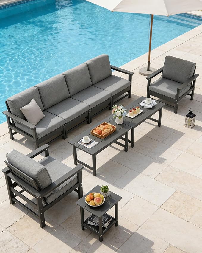 HDPE Outdoor Patio Furniture Set with Cushions, 9 Piece Patio Conversation Set Sofa Set,All Weather Outdoor Couch Set with Coffee Table for Lawn, Garden, Deck