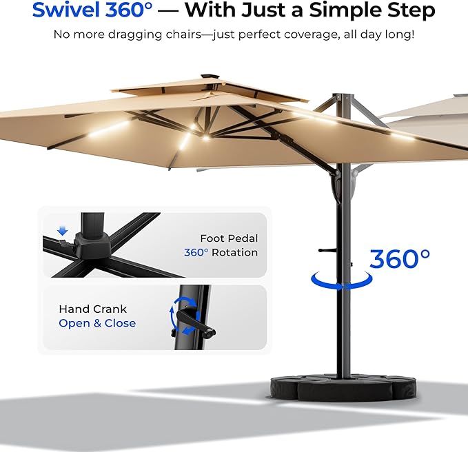 HOMSHADE 10 ft Square Cantilever Patio Umbrella with Base Included, Solar Lights Large Umbrella Outdoor Patio with 360°Rotation&Tilting, LED Lighted Offset Umbrellas w/Stand for Pool Deck