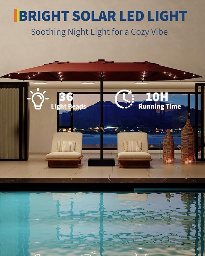 GarveeLife 15 ft Large Patio Umbrella with Lights, 36 LED Lights Double-sided Patio Umbrella with Weighted Base for Poolside Garden Backyard