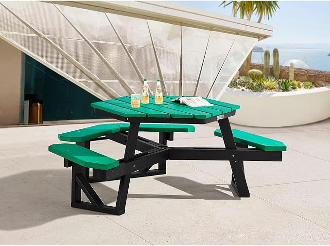 Global Industrial Outdoor 46" Hexagonal ADA Accessible Picnic Table with 3 Attached Benches, Recycled Plastic Construction, 1600 Lbs Weight Capacity, Green