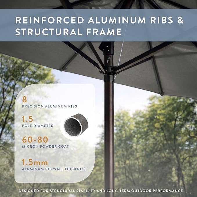 California Umbrella 12-Year Protection 9-Ft Outdoor Patio Umbrella, Sunbrella Fade-Resistant Fabric, Auto-Tilt, Heavy Duty Aluminum Frame, 8 Reinforced Ribs for Pool or Deck, Bronze Pole, Charcoal