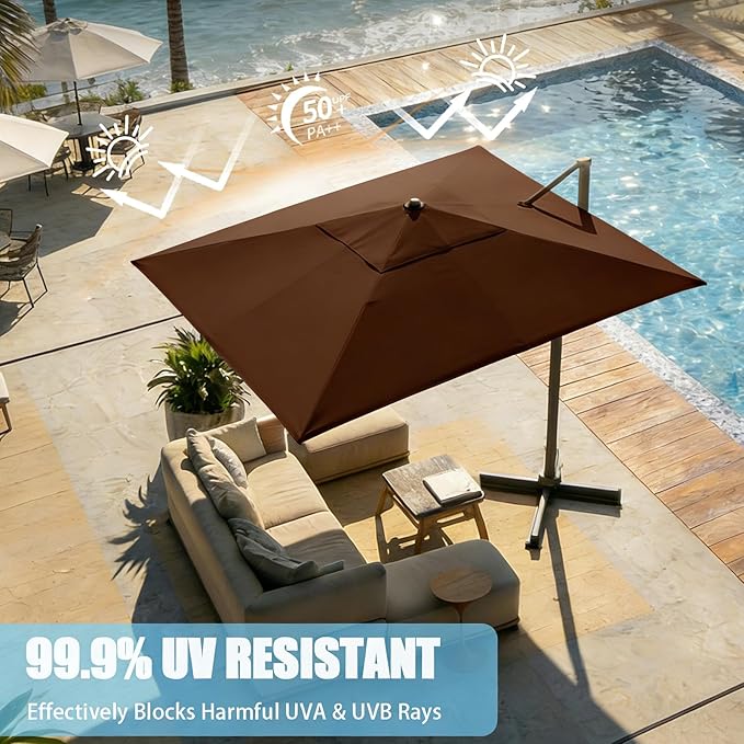 GarveeLife Large Cantilever Patio Umbrella, 10 ft X 10 ft Heavy Duty Aluminum Cantilever Offset Outdoor Umbrella with 360-Degree Rotation for Backyard, Deck, Pool, Tan