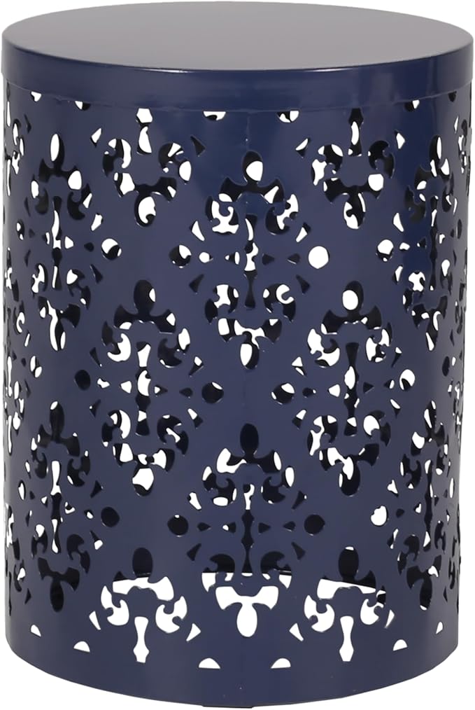Benzara Kemo Outdoor End Table Set of 2, Round Top, Cutout Design, Navy Blue