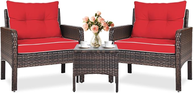 KOTEK 3 Piece Patio Furniture Set, Outdoor Wicker Conversation Bistro Set with 4 Cushions, All Weather PE Rattan Furniture Set for Garden, Backyard, Porch, Poolside (Red)