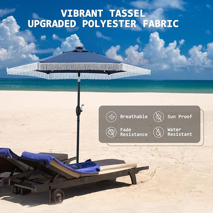 GDY 7.5 ft Fringe Patio Umbrella with 18 LED Solar Lights ，Stylish Fringe Decor for Graden, Pool, Beach, Deck, Navy Blue