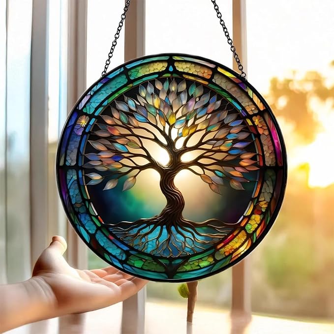 Colorful Tree of Life Suncatcher | 7.9 in, Stained Glass, Window Hanging Catcher, Garden Decor