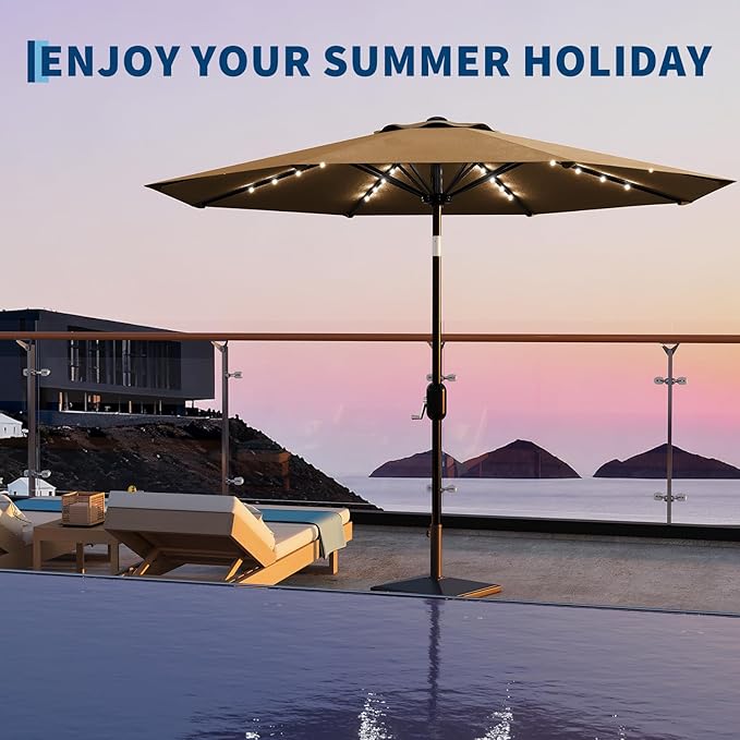 Garvee 9/10 FT Solar Patio Umbrella with 32 LED Lights - Outdoor Table Umbrella with Crank Lift, Push Button Tilt and 8 Sturdy Ribs - Market Umbrella UV Protection for Pool, Deck, Yard, Garden