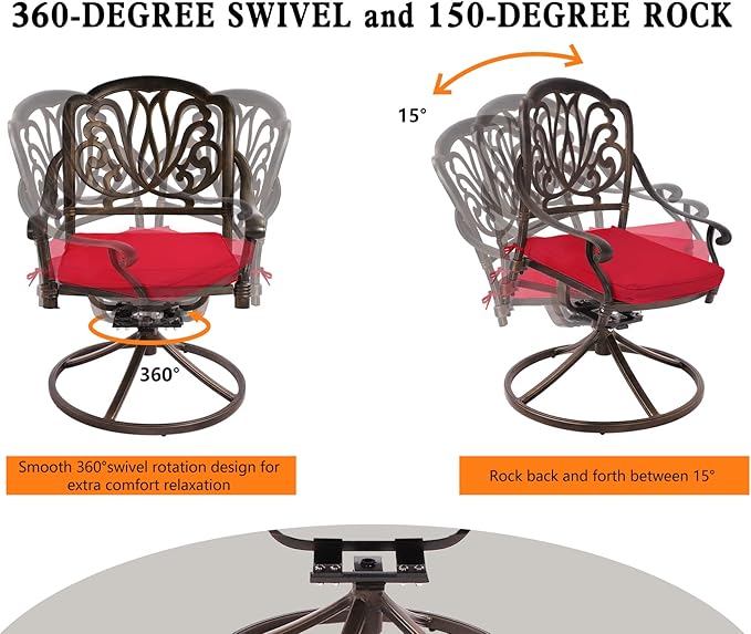 Grepatio 9 Piece Cast Aluminum Patio Furniture Set Outdoor Dining Set Bistro Furniture Set with 8 Swivel Chairs and Dining Table with Umbrella Hole, Cushions for Backyard Garden Poolside (Red)