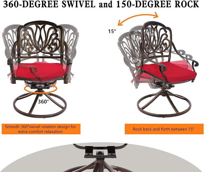 Grepatio 9 Piece Cast Aluminum Outdoor Dining Set, Patio Furniture Set with 2“ Umbrella Hole and 8 Swivel Chairs with Cushions, Patio Dining Furniture Set for Porch Poolside Garden (Red)