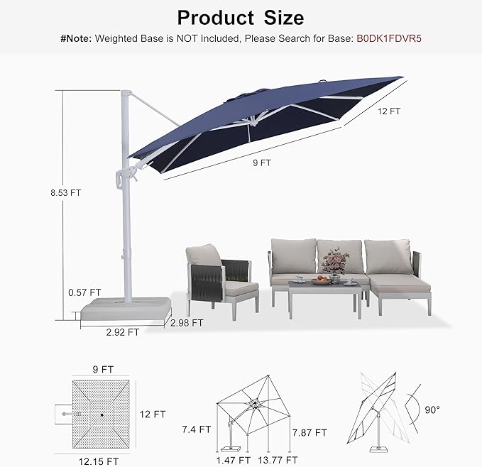 PURPLE LEAF 9' X 12' Right-left Tilt White Patio Umbrella with Base Cantilever Outdoor Swivel Umbrellas with Aluminum Tilt Offset Umbrella with 360° Rotation for Deck Pool, Navy Blue