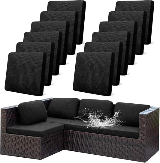 CALBODE 12Pcs Outdoor Stretch Cushion Covers,Waterproof Outdoor Chair Cushion Covers for Patio Furniture, Washable Jacquard Couch Covers Replacement for Patio Furniture(Black, Cover Only)