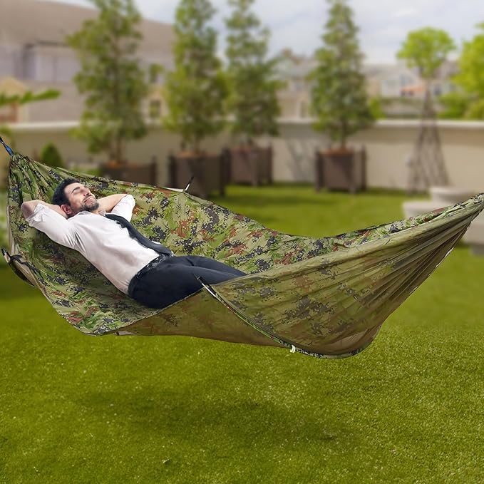 440.9 lbs Camping Hammock with Sunshade Cloth and Straps, 2.9 x 1.4m Anti-Mosquito and Anti-Sun Camping Hammock, Portable Camping Hammock(Camouflage Color)