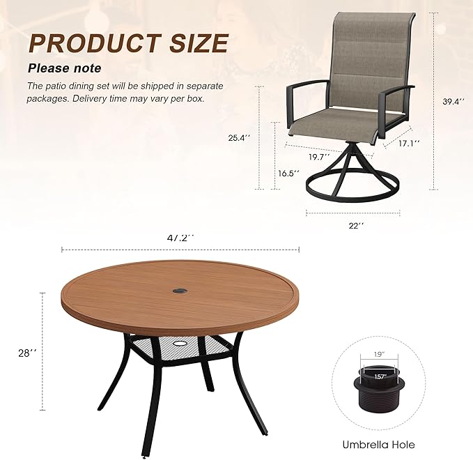 VICLLAX 7 Pieces Outdoor Dining Set, Patio Furniture Set Includes 47" Round Metal Table W/ 1.9" Umbrella Hole and 6 Padded Textilene Swivel Chairs for Porch, Lawn, Garden, Backyard