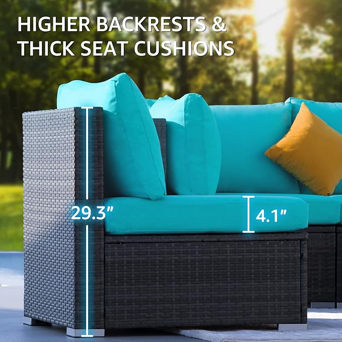 NICESOUL 11 Piece Sectional Outdoor Set with Firepit Loungers, Extra Large Backyard Seating with Fireplace, 29.3'' Highback Patio Couch Sofa, All-Weather Wicker Furniture Sets for Deck, Grey&Teal