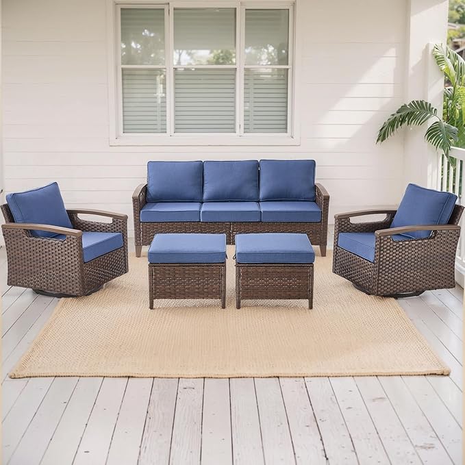 Rilyson Wicker Outdoor Patio Furniture Set - 5 Piece Patio Conversation Sets with Swivel Rocker Chairs, Ottomans and Sofa, Thick Cushions, Waterproof Wicker, for Porch Deck Brown/Blue