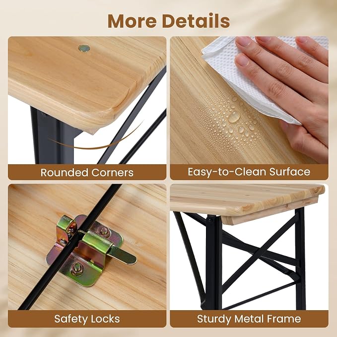 Giantex 47 Inch Folding Picnic Tables with Benches Set, Solid Wood Camping Beer Table Bench Set with Metal Frame, 3-Piece Portable Patio Dining Furniture, Indoor & Outdoor Folding Table and Chairs