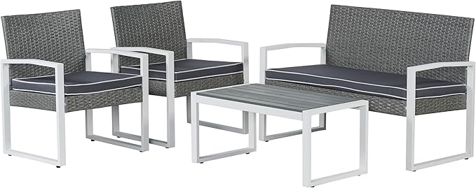 JONATHAN Y LVG1102A-4SET Elina 4-Piece Modern Coastal Faux Wicker Conversation Outdoor Patio Set Mid-Century, Classic, Contemporary, Traditional, Minimalist, White/Gray