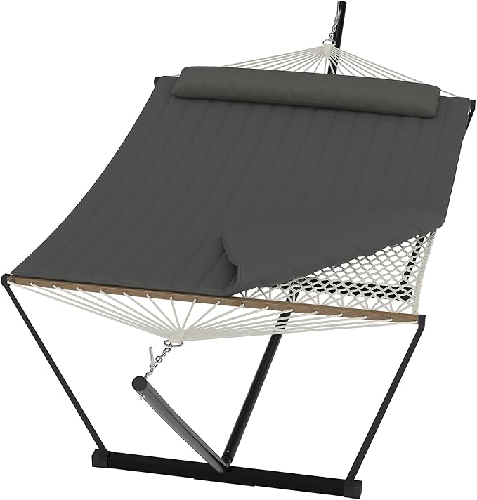 Heavy Duty 2 Person Double Hammock with Portable Adjustable Steel Stand, Outdoor Hammock with Pillow for Patio, Garden, Beach, Backyard Camping