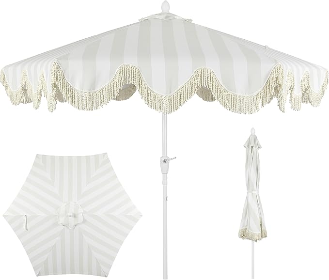 Eyely BMU1001 Halden 9 ft. Classic Cottage Tassel Market Patio Umbrella with Auto-Tilt, Crank