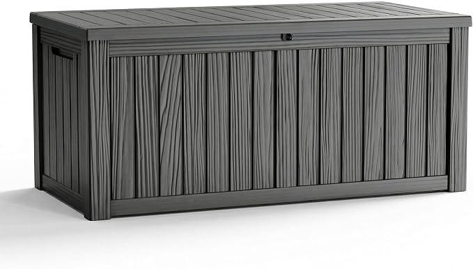 150 Gallon Outdoor Deck Box, Resin Waterproof Storage Box With Lockable Lid, UV-Resistant Multi-Purpose Outdoor Storage Bench for Patio Cushions, Garden Tools, Pool Accessories (Black)