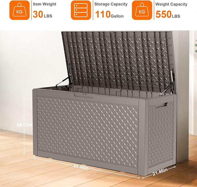 Large Outdoor Storage Box Waterproof, UV Resistant Resin Deck Box for Patio Furniture,Garden Tools,Cushions (Grey, 110 Gallon)