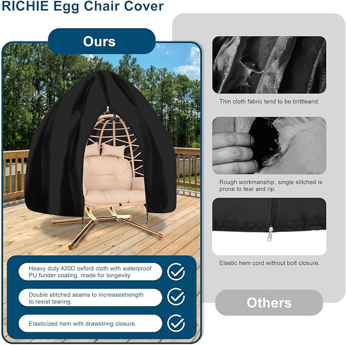 Waterproof Patio Double Egg Chair Cover 90”x78” –RICHIE Heavy-Duty Black Outdoor Swing Chair Cover with Full Zipper, Dustproof & Tear-Resistant Protection for Hanging Egg Chairs & Patio Furniture