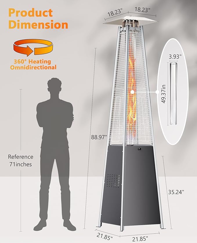 HUGROVE Pyramid Patio Heater, 48,000 BTU Rapid Heating Outdoor Propane Heater With Wheels and Weatherproof Cover, Triple Protection System for Patio, Backyard, Garden, Pool