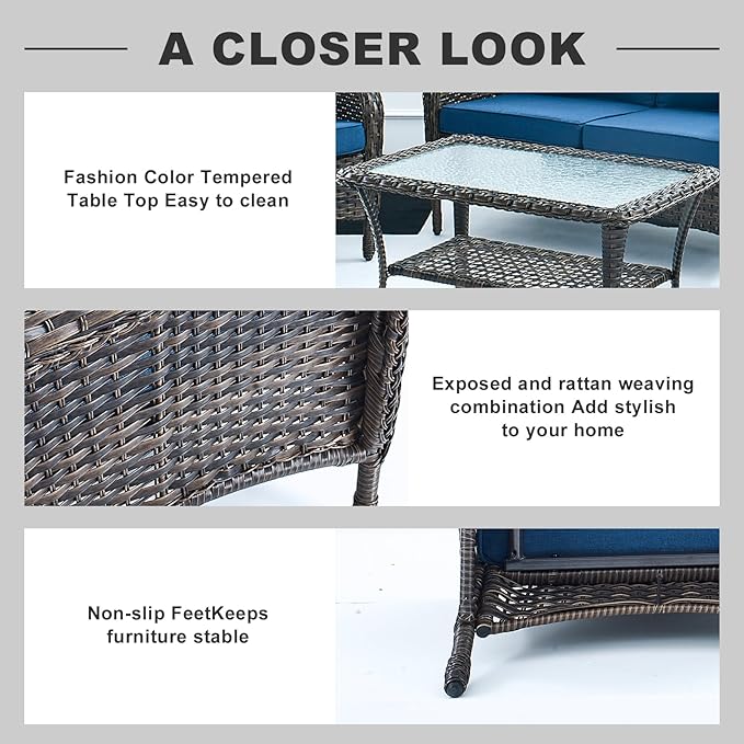 Belord Outdoor Wicker Loveseat Furniture Set of 4 with Coffee Table for Porch Deck Balcony, 4 Pieces Rattan Outdoor Conversation Sets Include 2 Club Chairs 1 Loveseat Couch 1 Coffee Table Brown/Blue