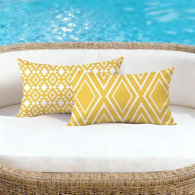 NIGHTWISH Outdoor Waterproof Pillow Covers 12x20 Set of 4 Yellow and White Modern Geometry Decorative Outdoor Throw Pillows Boho Cushion Cases for Patio Furniture Bench Couch Sunbrella