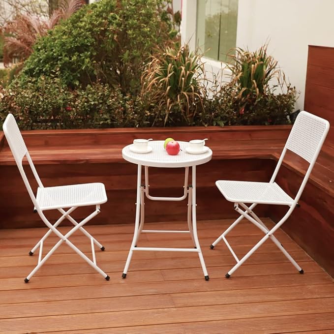 3-Piece Patio Bistro Set, Metal Folding Outdoor Patio Furniture Sets, Stainless Steel Patio Conversation Set with Folding Patio Round Table and Chairs for Yard, Garden or Balcony
