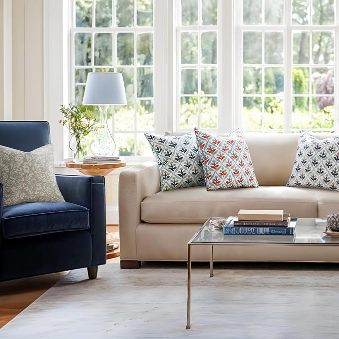 MIULEE Outdoor Floral Pillow Covers Waterproof 18x18 Blue Grey | Decorative Block Print,Boho Farmhouse, Set of 2 Coastal Summer Cushion Covers with Piping,Garden Patio Furniture Porch Couch