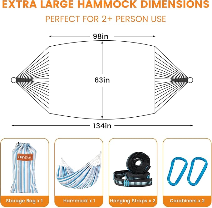 Lazy Daze Hammocks Extra Large Double Hammock, Portable Camping Hammock with Travel Bag & Tree Straps for Outdoor, Camping, Backyard, Patio, 550lbs Capacity, Blue & Light Gray