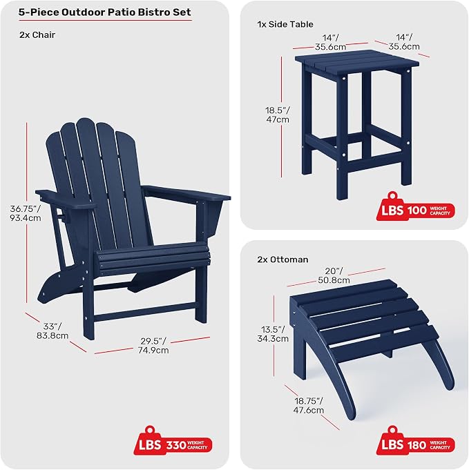 Costaelm Lakeview 5-Piece Adirondack Chair with Folding Ottoman and Table Set, Navy Blue