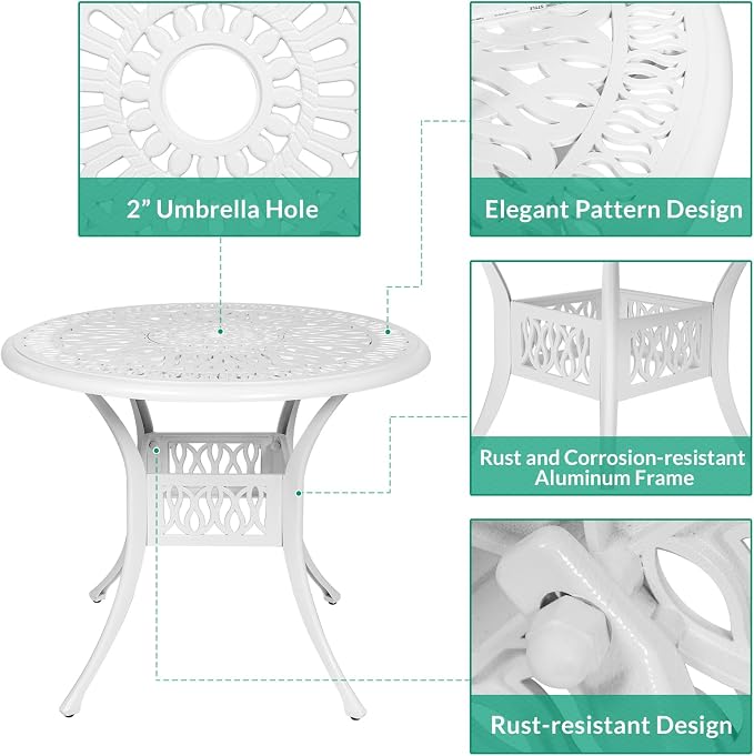 VIVIJASON 3-Piece Patio Bistro Set, Outdoor All-Weather Cast Aluminum Furniture Dining Set, Include 2 Swivel Rocker Chairs and 35.4" Round Table w/Umbrella Hole for Balcony, Lawn, Garden, White