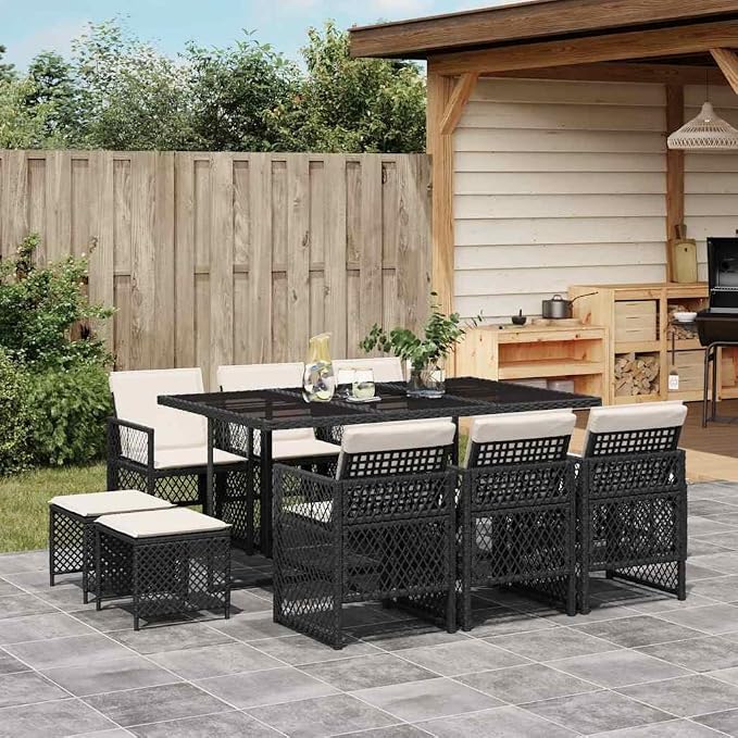11 Piece Garden Dining Set Black and Cream White for 10 People, Outdoor Patio Furniture with UV-Resistant Poly Rattan, Tempered Glass Table, Cushions with Removable Foldable Stackable Modern Design