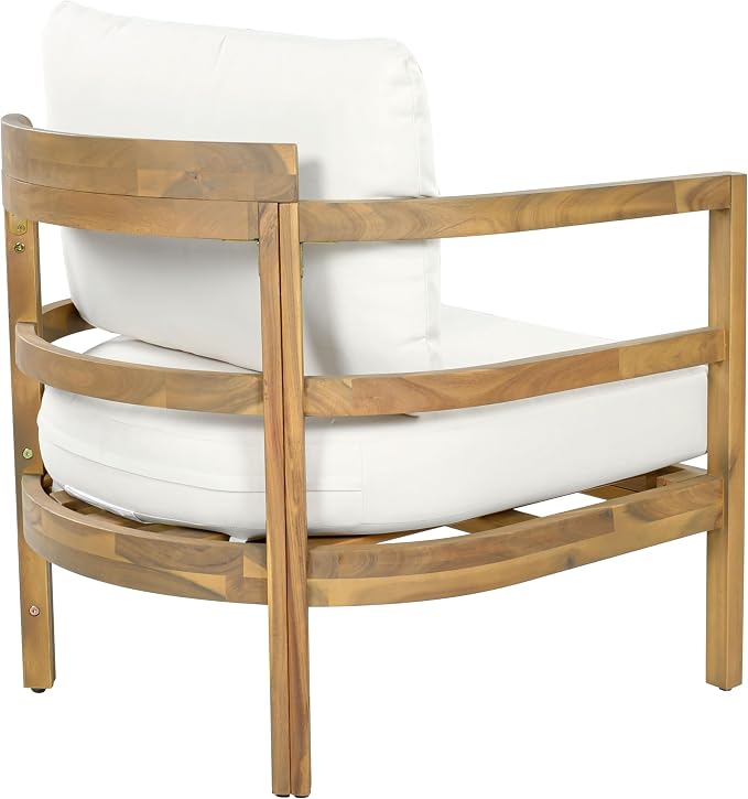 Merax Outdoor Acacia Wood Lounge Chair with Cushions, Solid Wood Patio Armchair, Modern Outdoor Accent Seating for Patio, Garden, Balcony, Deck, Porch, Beige + Light Brown