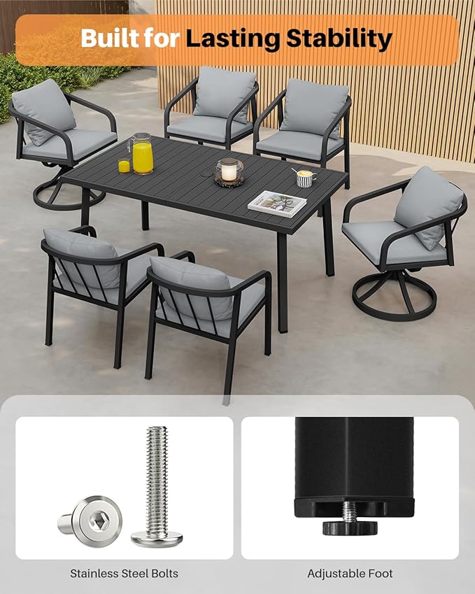 7 Pieces Outdoor Dining Set, Never-Rust Aluminum Patio Swivel Dining Set for 6, Outdoor Furniture Set with 2 Swivel Chairs, 4 Dining Chairs, Patio Table Set for Commercial, Deck, Garden, Black