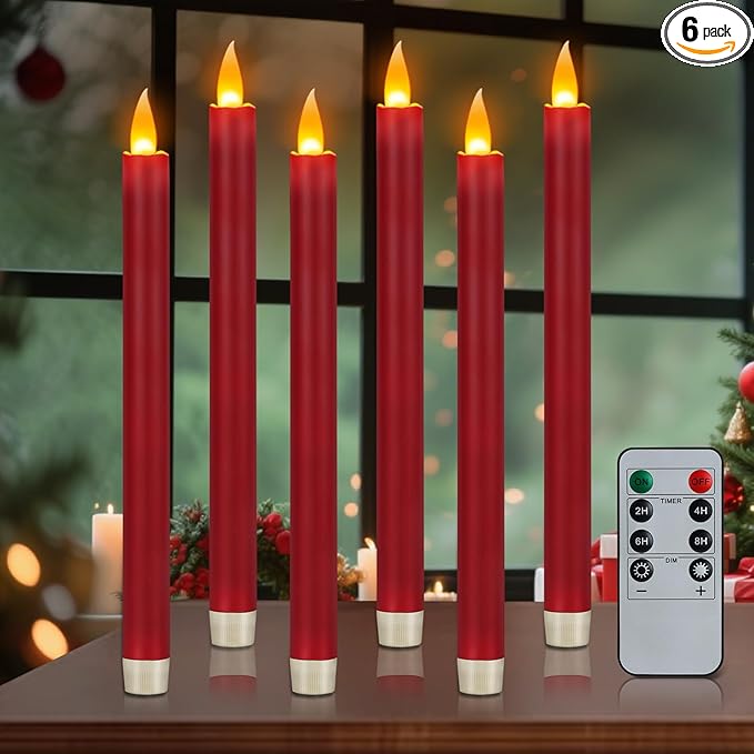 wemarry Flameless Taper Candles 10" Dripless Battery Operated Taper Candles Included Remote Timer 400+ Hours by 2AA Batteries for Halloween Christmas Wedding (Burgundy, 6 Pack)