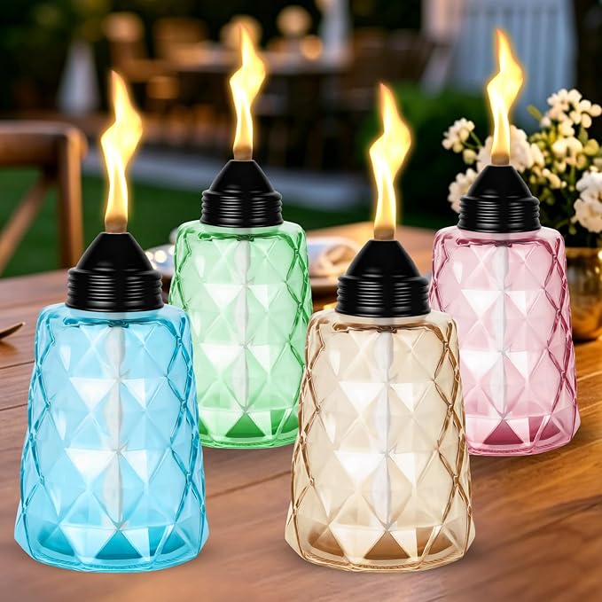 4-Pack Glass Tabletop Torches Outdoor, 12 oz Citronella Torches Canisters with Wick & Cap, for Patio, Backyard, Garden, Parties, Outside Deck (Multicolor)