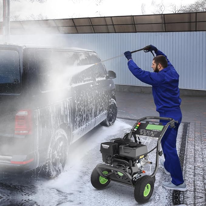 Professional 4200PSI 4GPM 7.0HP Gas Pressure Washer, 9" Wheels Commercial Gas Power Washer with 2 * 0.7L Foam Bottle 5 Nozzles 25FT Hose for Cleaning for Home Car Yard (EPA/CARB/ETL Compliant), Green