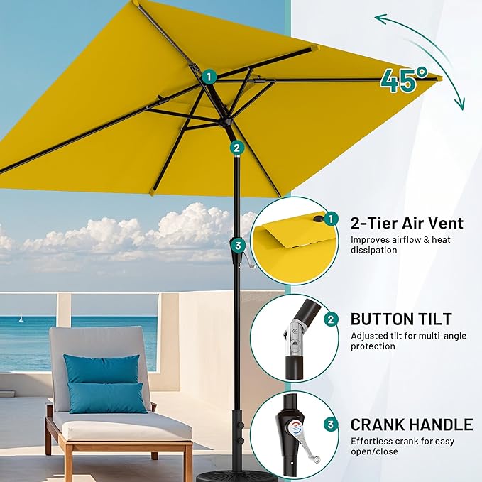 AreShark 6.5'x10' 2 Tiers Rectangular Patio Umbrella - Outdoor Umbrella Waterproof UV Protection, Market Table Umbrella w/Push Button Tilt for Pool, Lawn, Balcony(Yellow)