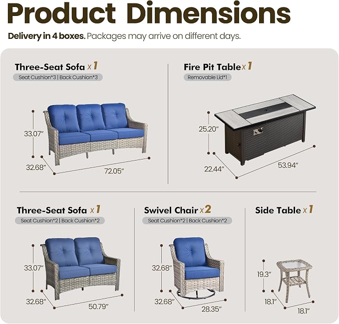 6 Piece Patio Furniture Set with Fire Pit Table, Conversation Sets with High Back Swivel Rocker Chairs, Outdoor Wicker Sofa Loveseat with Comfy Cushion for Backyard Deck Garden, Navy Blue