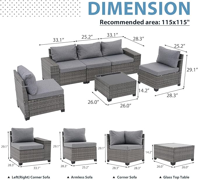 JOIVI 6 Pieces Outdoor Patio Furniture Set, Rattan Patio Conversation Set with Coffee Table, L-Shaped Wicker Outdoor Sectional Sofa Set with Wide Armrest and Cushions for Garden, Deck, Porch, Gray