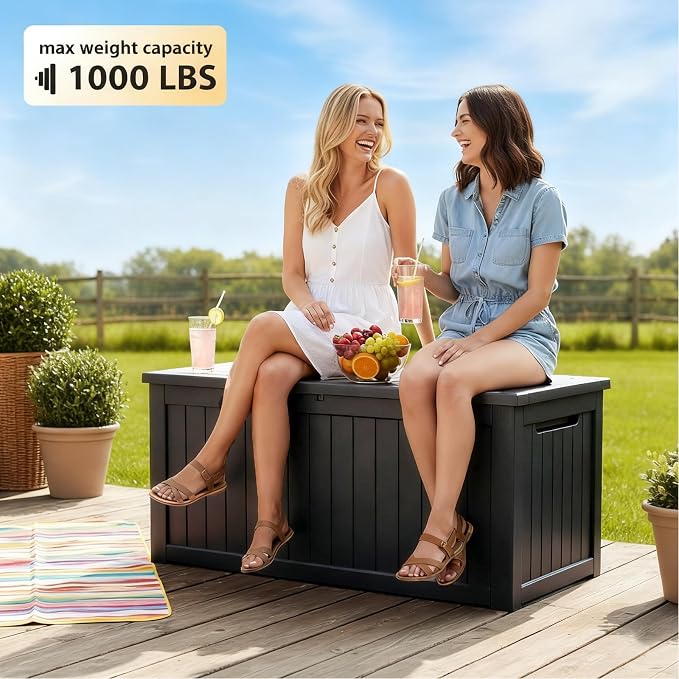 269 Gallon Large Outdoor Storage Box, Waterproof Deck Box with Lockable Lid, Resin Outside Storage Box for Patio Furniture, Pool Accessories, Garden Tools, Storage Bench for Backyard, Porch, Black
