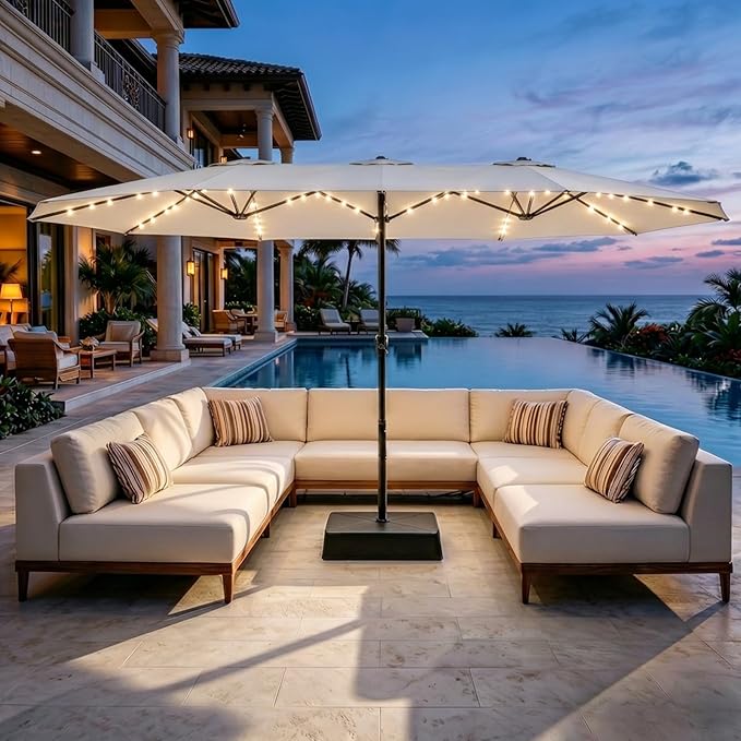 GarveeLife 15 ft Large Patio Umbrella with Lights, 36 LED Lights Double-sided Patio Umbrella with Weighted Base for Poolside Garden Backyard