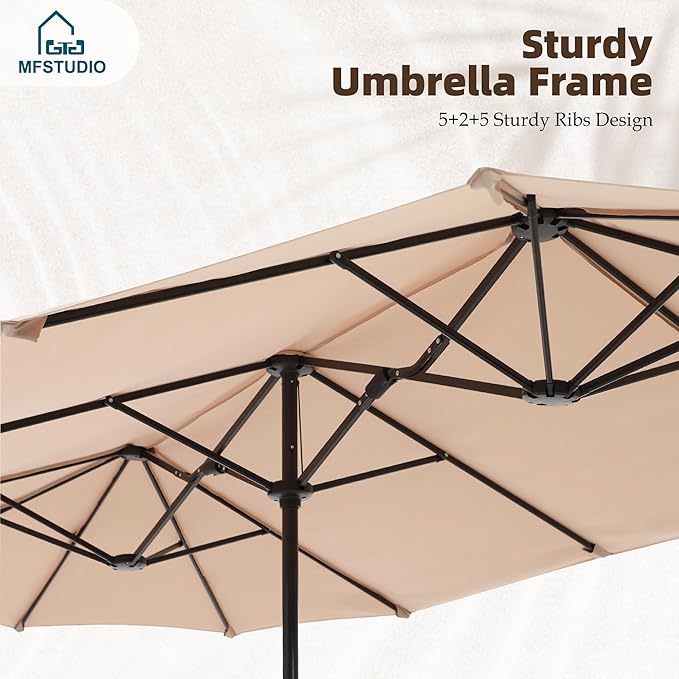 MFSTUDIO 13ft Outdoor Patio Umbrella, Double Sided Large Rectangular Umbrella Market Table Twin Triple Rectangle Umbrellas with Crank Handle for Outside Picnic Backyard Deck Pool (no base)