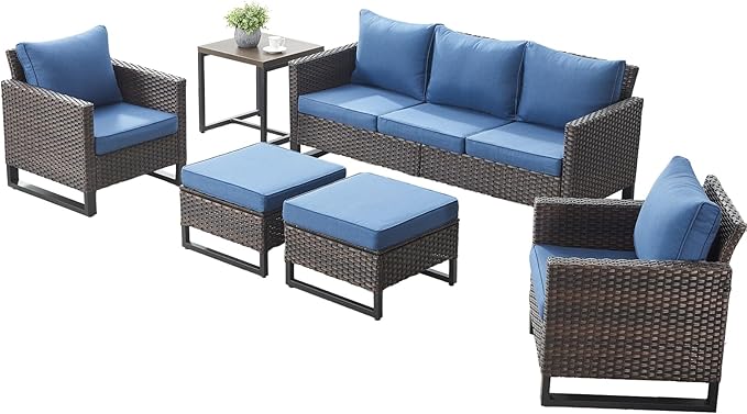 Rilyson Wicker Outdoor Patio Furniture Set - 6 Piece Patio Conversation Set with 2 Armrest Chairs,2 Rattan Ottoman,1 Couch and 1 Metal Side Table for Outside Porch Deck Backyard(Brown/Blue)