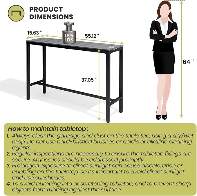 Crestlive Products Outdoor Bar Table, 55'' Rectangle Patio Counter Height Table High Pub Table with Waterproof Top and Sturdy Metal Frame for Balcony, Bistro, Garden, Backyard, Hot Tub (Gray)